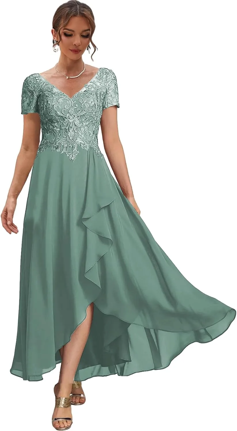 High Low Mother of The Bride Dresses with Sleeves Lace Formal Party Dress V Neck Evening Gowns for Women