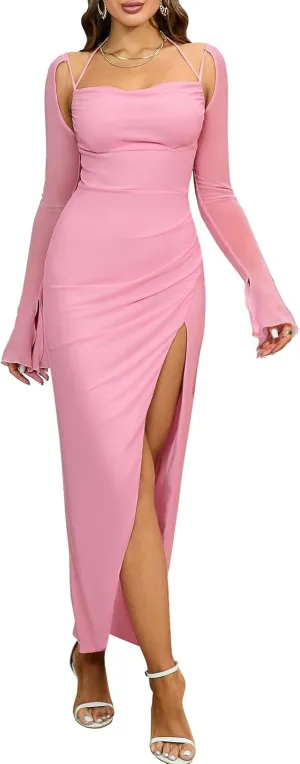 HTZMO Women's Sequin Long Sleeve Maxi Dress Sexy Halter Side Split Bodycon Formal Cocktail Party Glitter Dresses