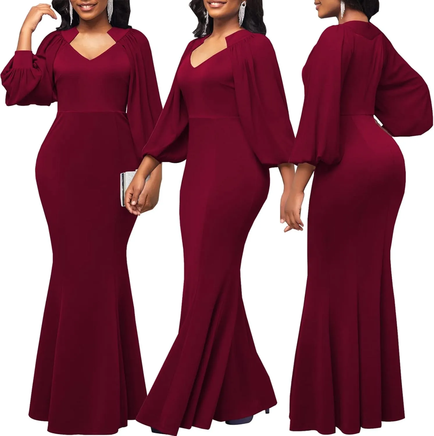 HugeNice Colorful Maxi Dresses for Women Sexy Long Sleeve Deep V Neck Bodycon Floor Length Dress