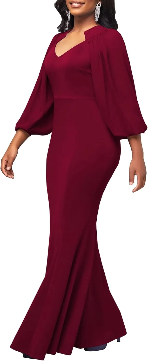 HugeNice Colorful Maxi Dresses for Women Sexy Long Sleeve Deep V Neck Bodycon Floor Length Dress