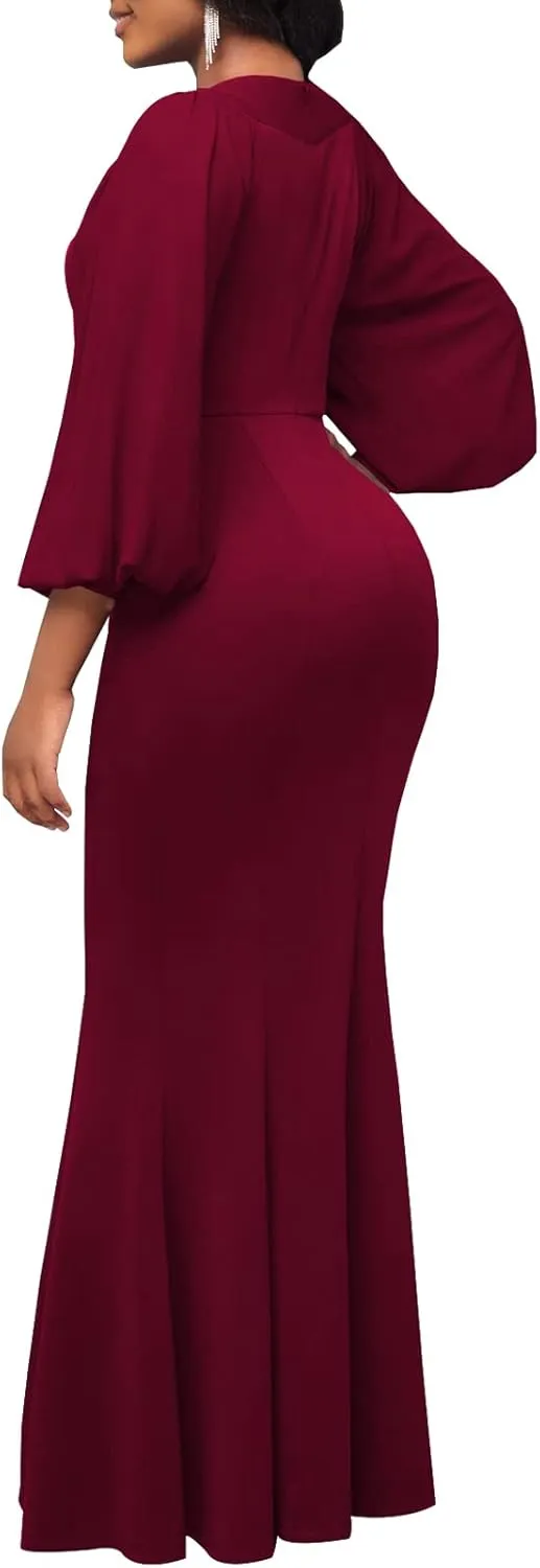 HugeNice Colorful Maxi Dresses for Women Sexy Long Sleeve Deep V Neck Bodycon Floor Length Dress