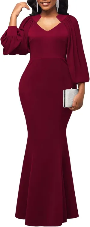 HugeNice Colorful Maxi Dresses for Women Sexy Long Sleeve Deep V Neck Bodycon Floor Length Dress