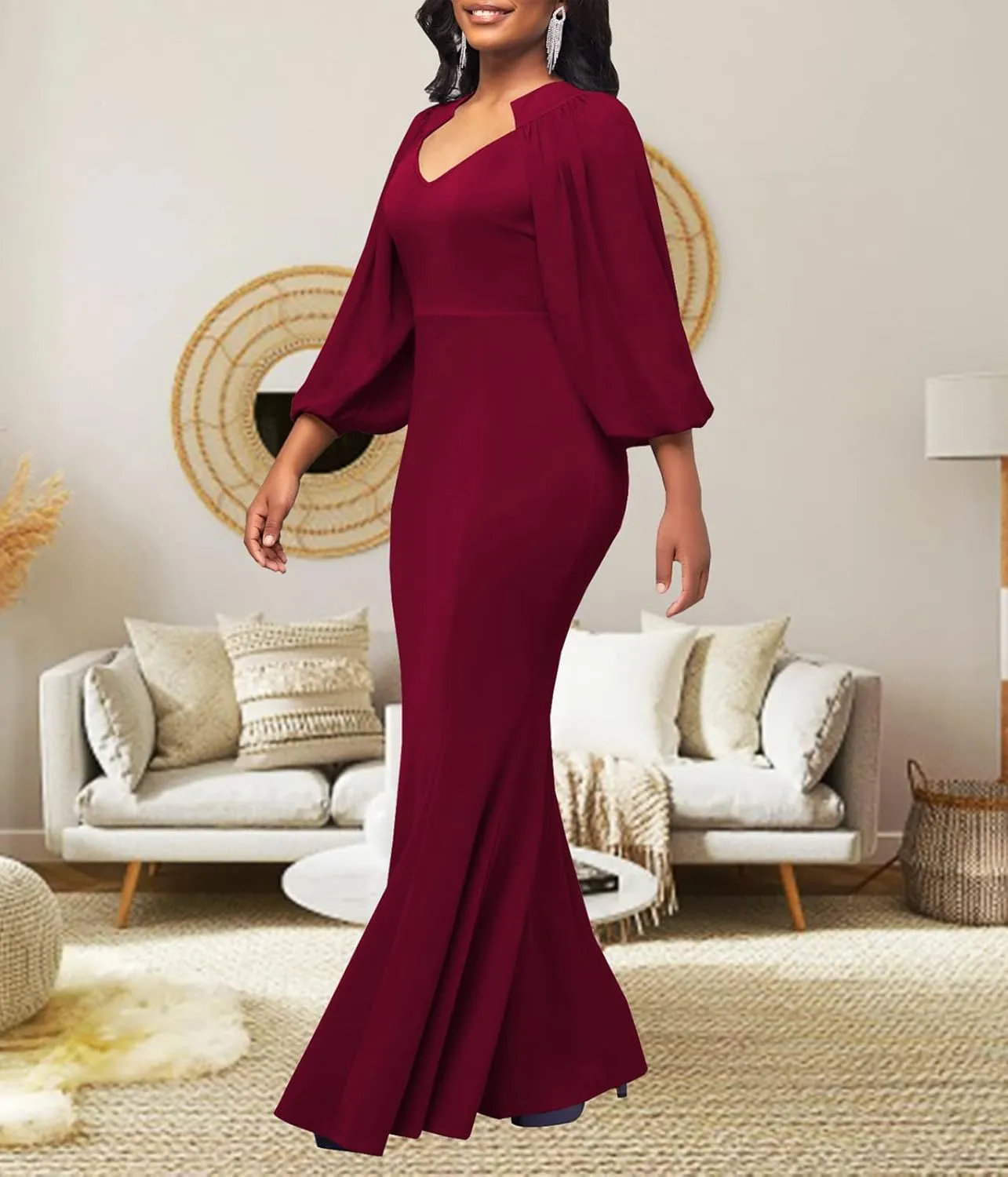 HugeNice Colorful Maxi Dresses for Women Sexy Long Sleeve Deep V Neck Bodycon Floor Length Dress