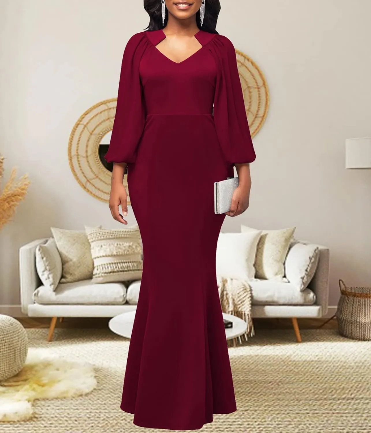 HugeNice Colorful Maxi Dresses for Women Sexy Long Sleeve Deep V Neck Bodycon Floor Length Dress