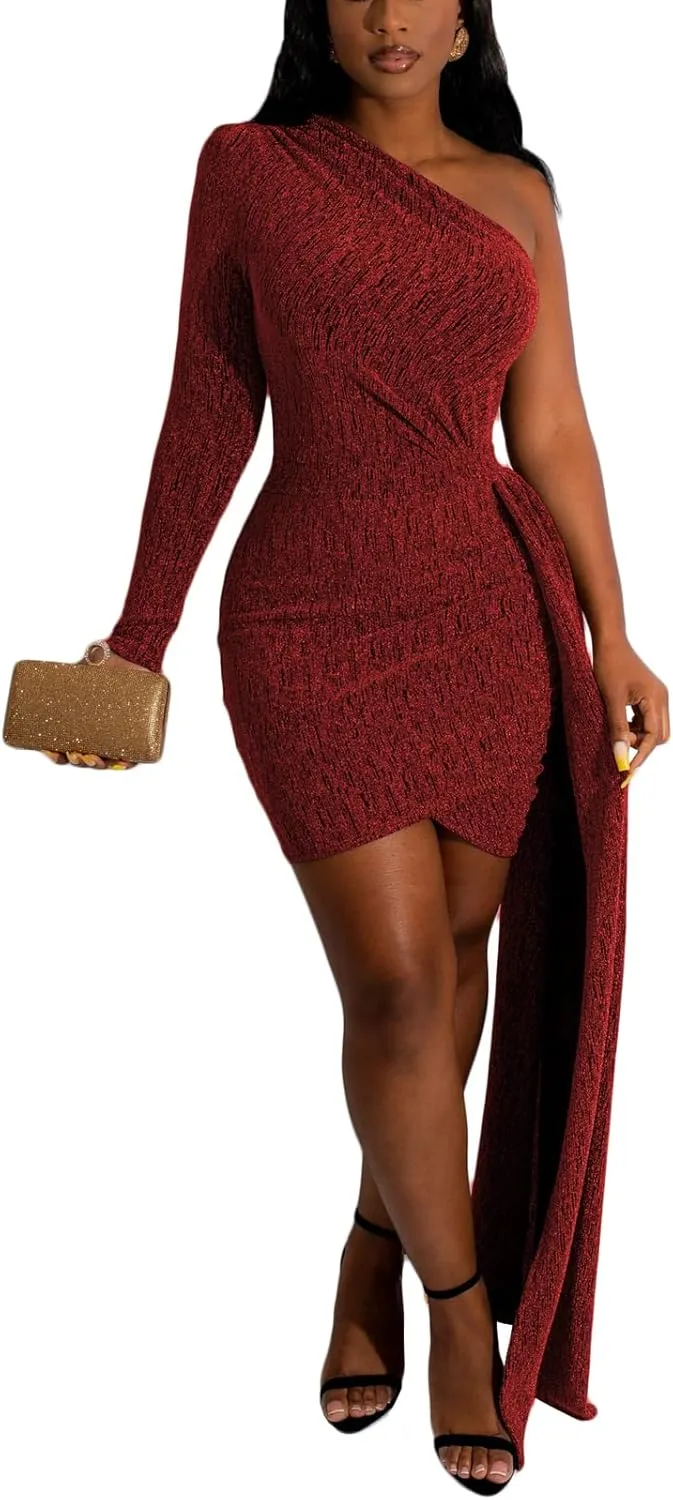 HugeNice Women's Sexy Deep V Neck Bodycon Mini Dresses Casual Long Sleeve Wrap Club Cocktail Party Short Dress