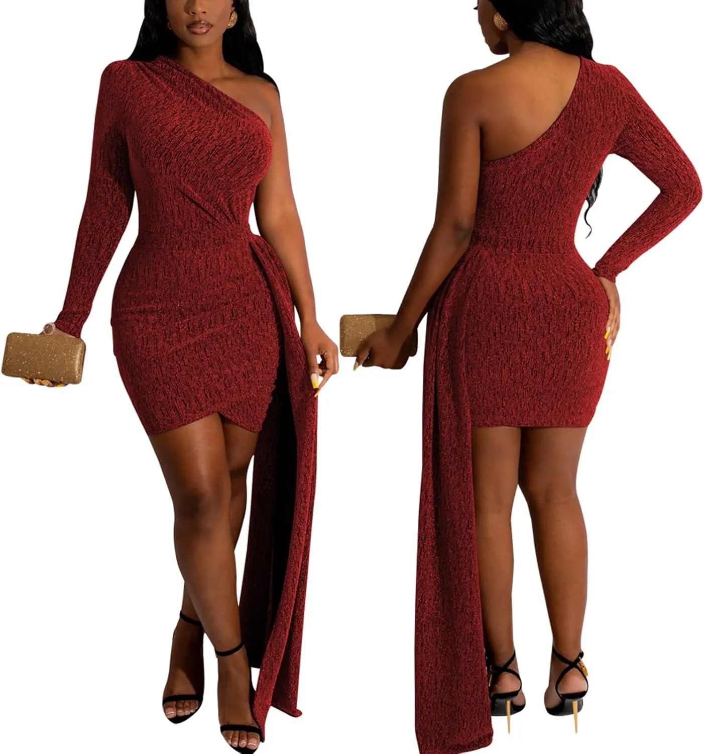 HugeNice Women's Sexy Deep V Neck Bodycon Mini Dresses Casual Long Sleeve Wrap Club Cocktail Party Short Dress