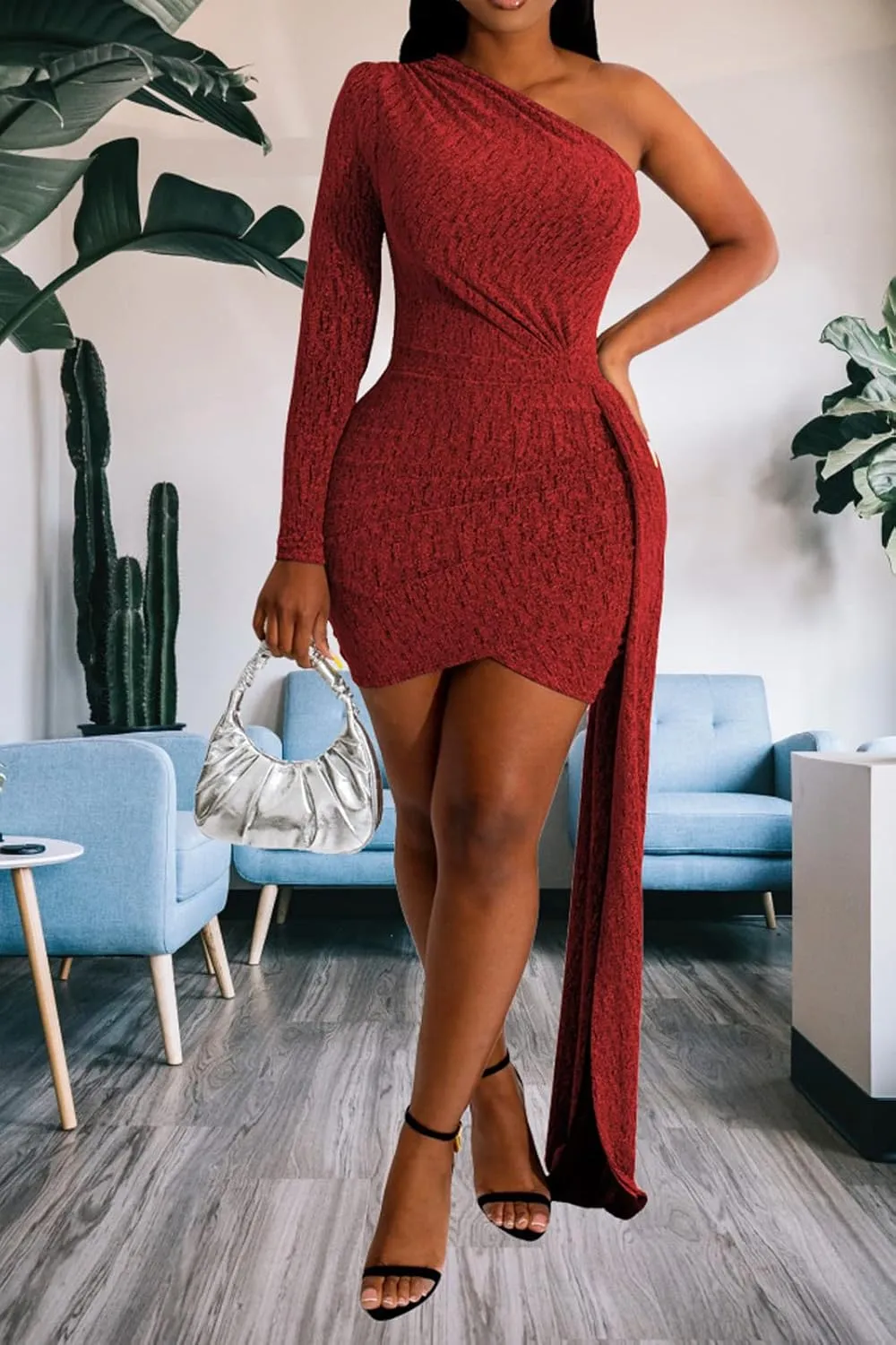 HugeNice Women's Sexy Deep V Neck Bodycon Mini Dresses Casual Long Sleeve Wrap Club Cocktail Party Short Dress