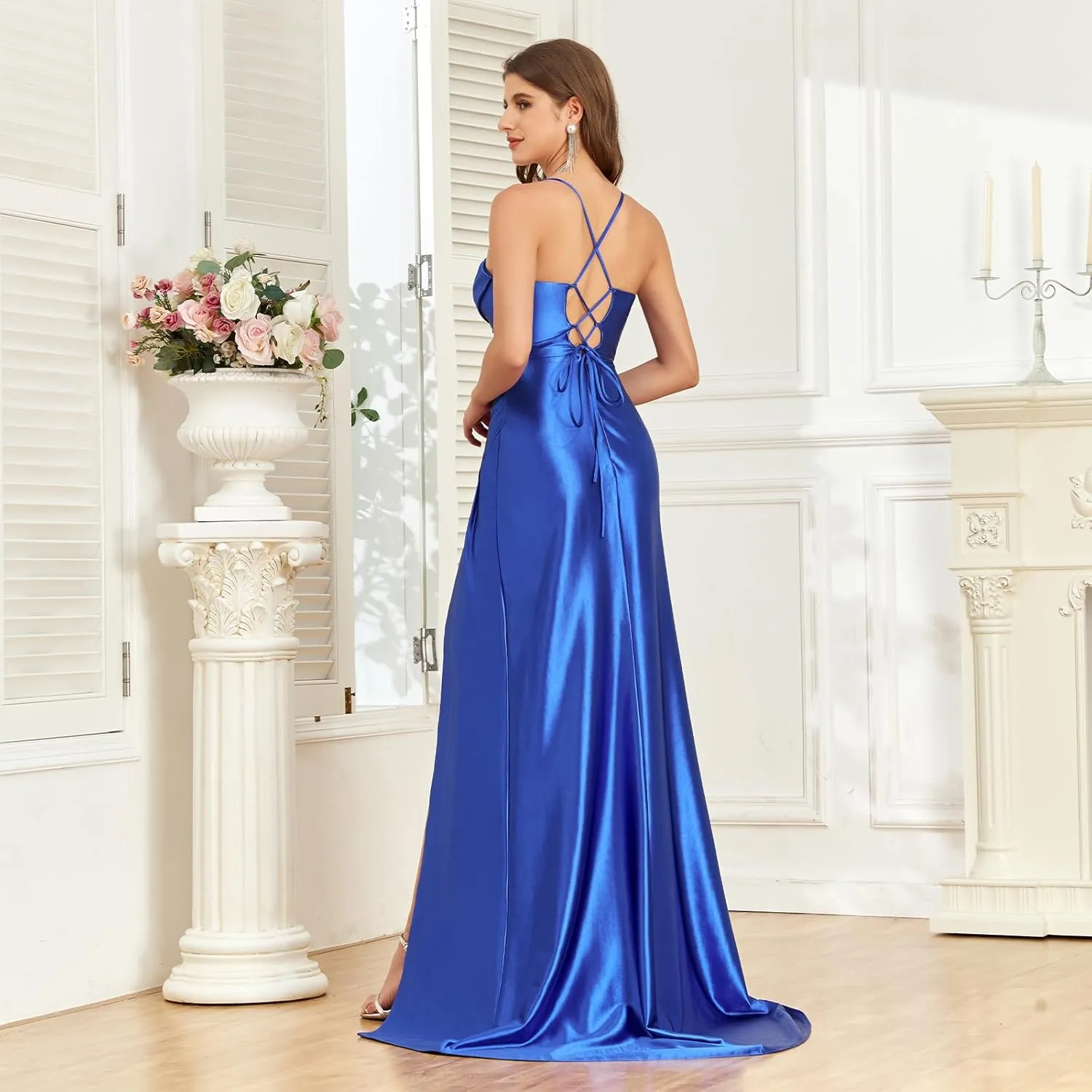 IIF Satin Prom Dresses 2025 Cowl Neck Long Spaghetti Straps Mermaid Formal Evening Party Gown with Slit IIF015
