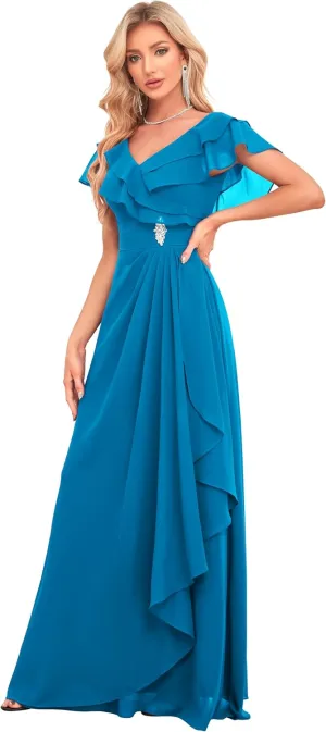 IIF Women's Chiffon Bridesmaid Dresses for Wedding V Neck Flowy Wrap Prom Dress with Beaded Brooch Pin IIF046
