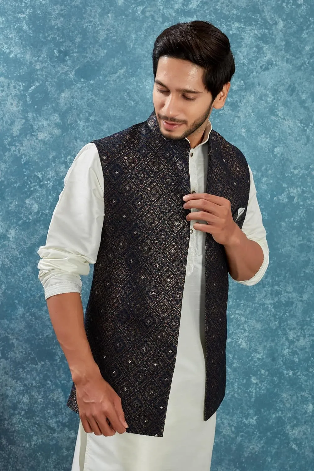 Indian Traditional Jacquard Open Waistcoat Weddings Festive Occasions Nehru Jacket For Men