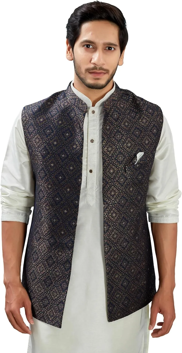 Indian Traditional Jacquard Open Waistcoat Weddings Festive Occasions Nehru Jacket For Men