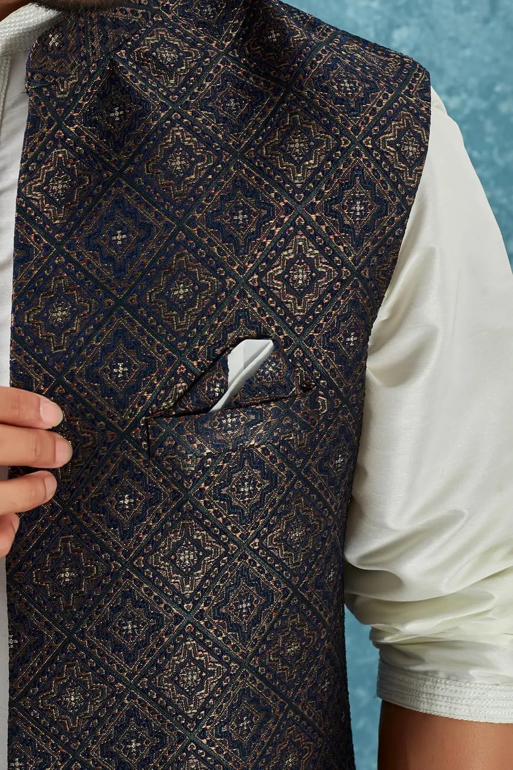 Indian Traditional Jacquard Open Waistcoat Weddings Festive Occasions Nehru Jacket For Men