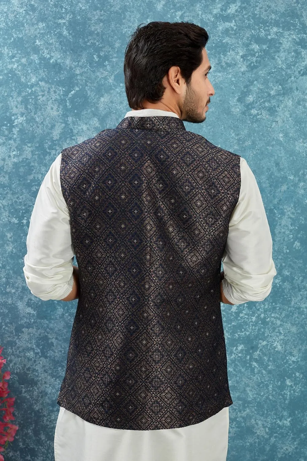 Indian Traditional Jacquard Open Waistcoat Weddings Festive Occasions Nehru Jacket For Men