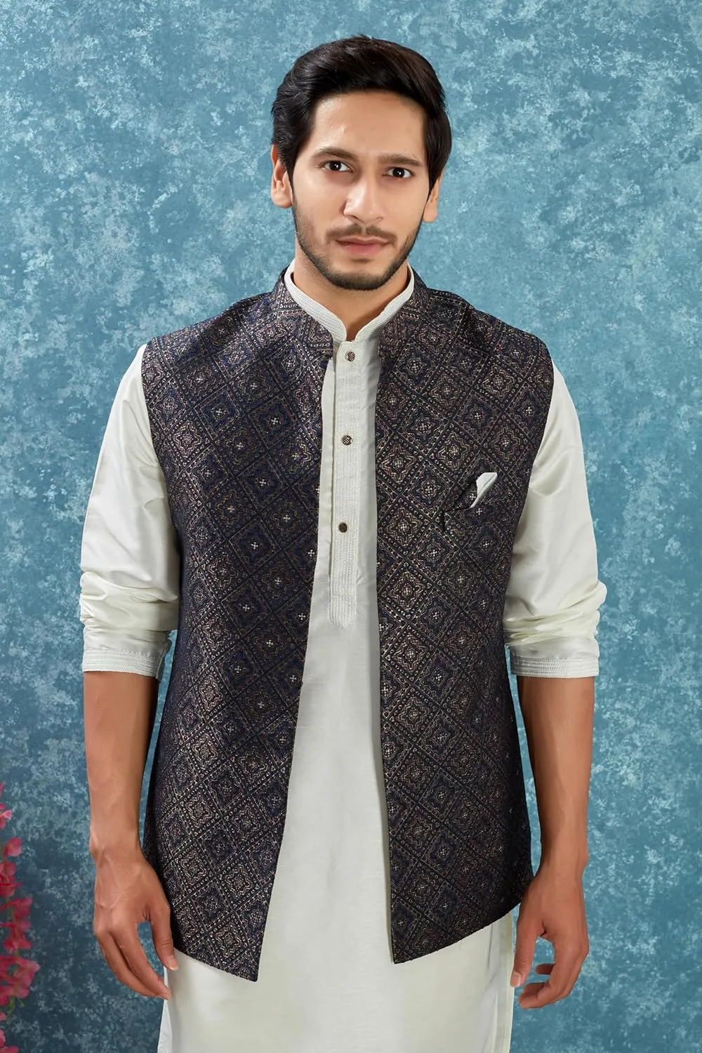 Indian Traditional Jacquard Open Waistcoat Weddings Festive Occasions Nehru Jacket For Men