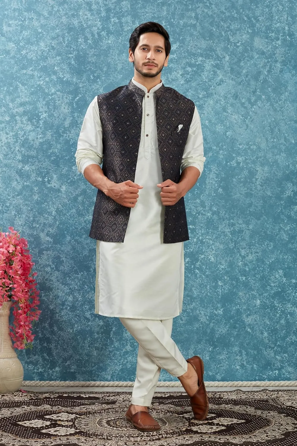 Indian Traditional Jacquard Open Waistcoat Weddings Festive Occasions Nehru Jacket For Men