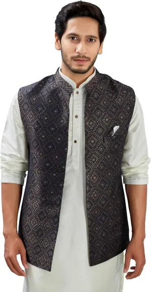 Indian Traditional Jacquard Open Waistcoat Weddings Festive Occasions Nehru Jacket For Men