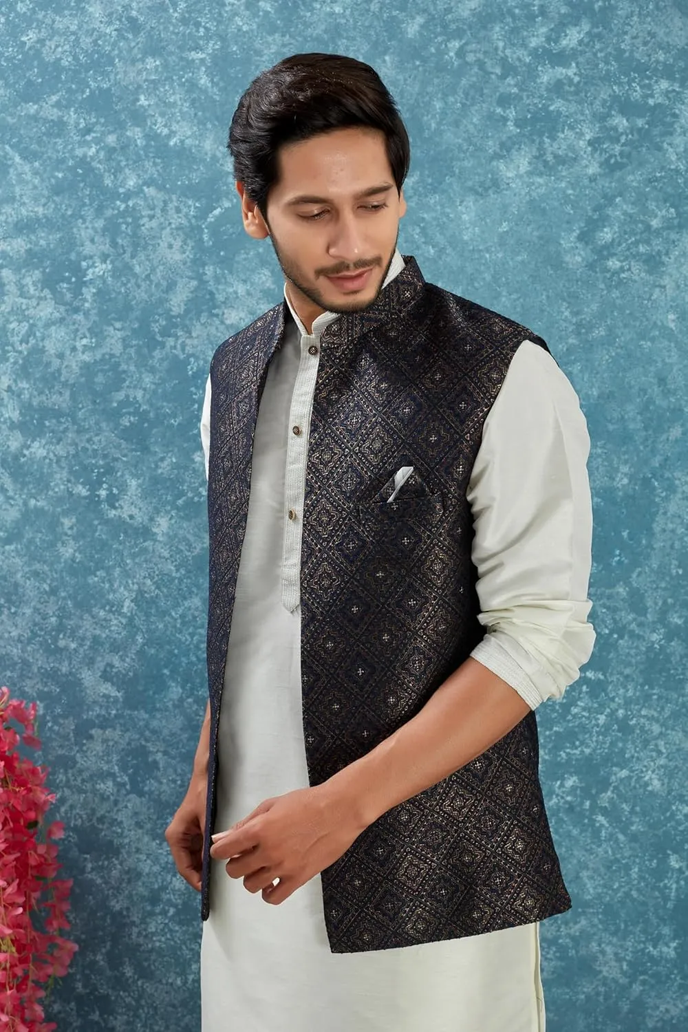 Indian Traditional Jacquard Open Waistcoat Weddings Festive Occasions Nehru Jacket For Men