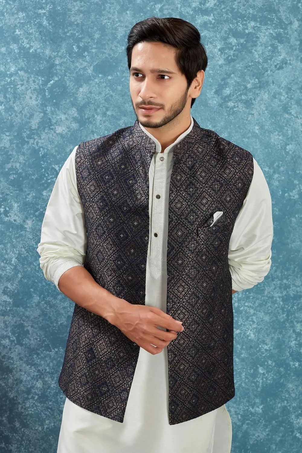 Indian Traditional Jacquard Open Waistcoat Weddings Festive Occasions Nehru Jacket For Men