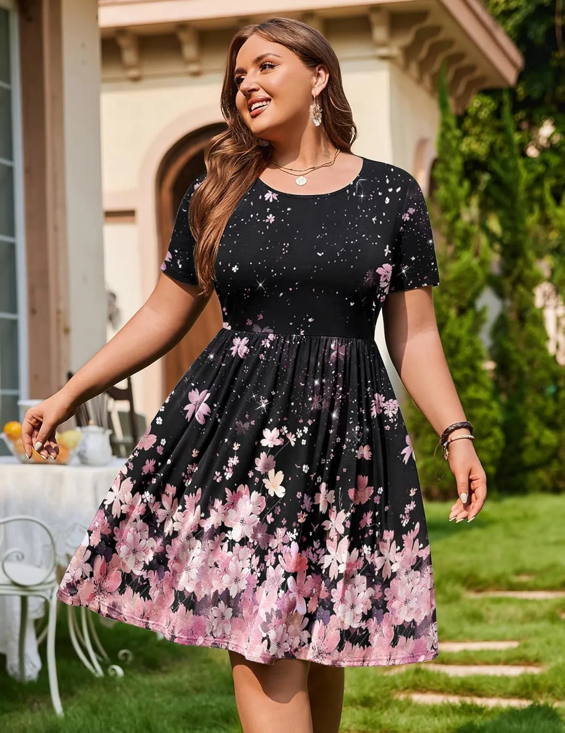 IN'VOLAND Womens Plus Size Summer Dress Short Sleeve Casual Mini Dresses Empire Waist T-Shirt Dress with Pockets