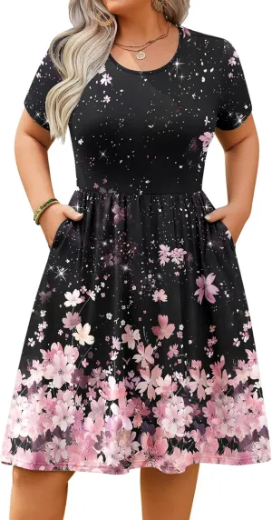 IN'VOLAND Womens Plus Size Summer Dress Short Sleeve Casual Mini Dresses Empire Waist T-Shirt Dress with Pockets