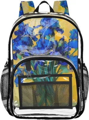 Irises Flowers Clear Bag for Women Travel Kids Girls Backpack Boys Approved Transparent Bag