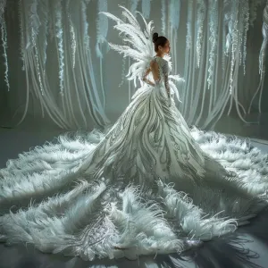 Isla  Luxury   Feather Touch White Long Sleeves Ball Gown Wedding Dress
