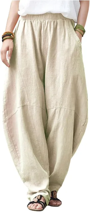 IXIMO Women's Cotton Linen Pants Casual Elastic Waist Lantern Slacks Loose Fit Baggy Patchwork Trousers