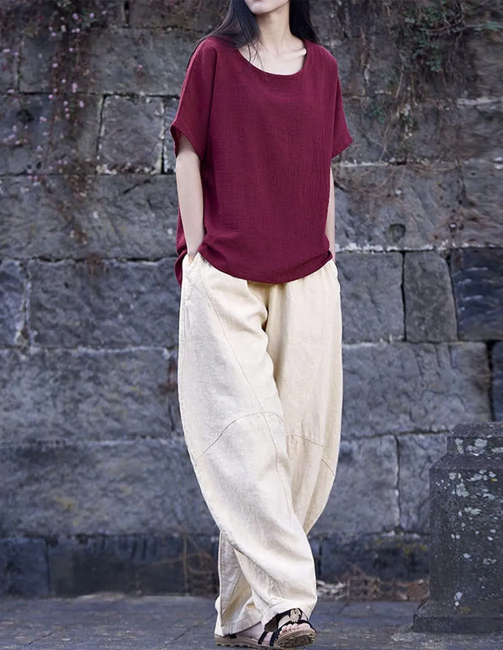 IXIMO Women's Cotton Linen Pants Casual Elastic Waist Lantern Slacks Loose Fit Baggy Patchwork Trousers