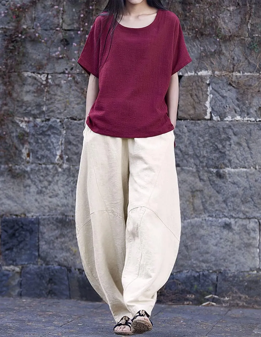 IXIMO Women's Cotton Linen Pants Casual Elastic Waist Lantern Slacks Loose Fit Baggy Patchwork Trousers