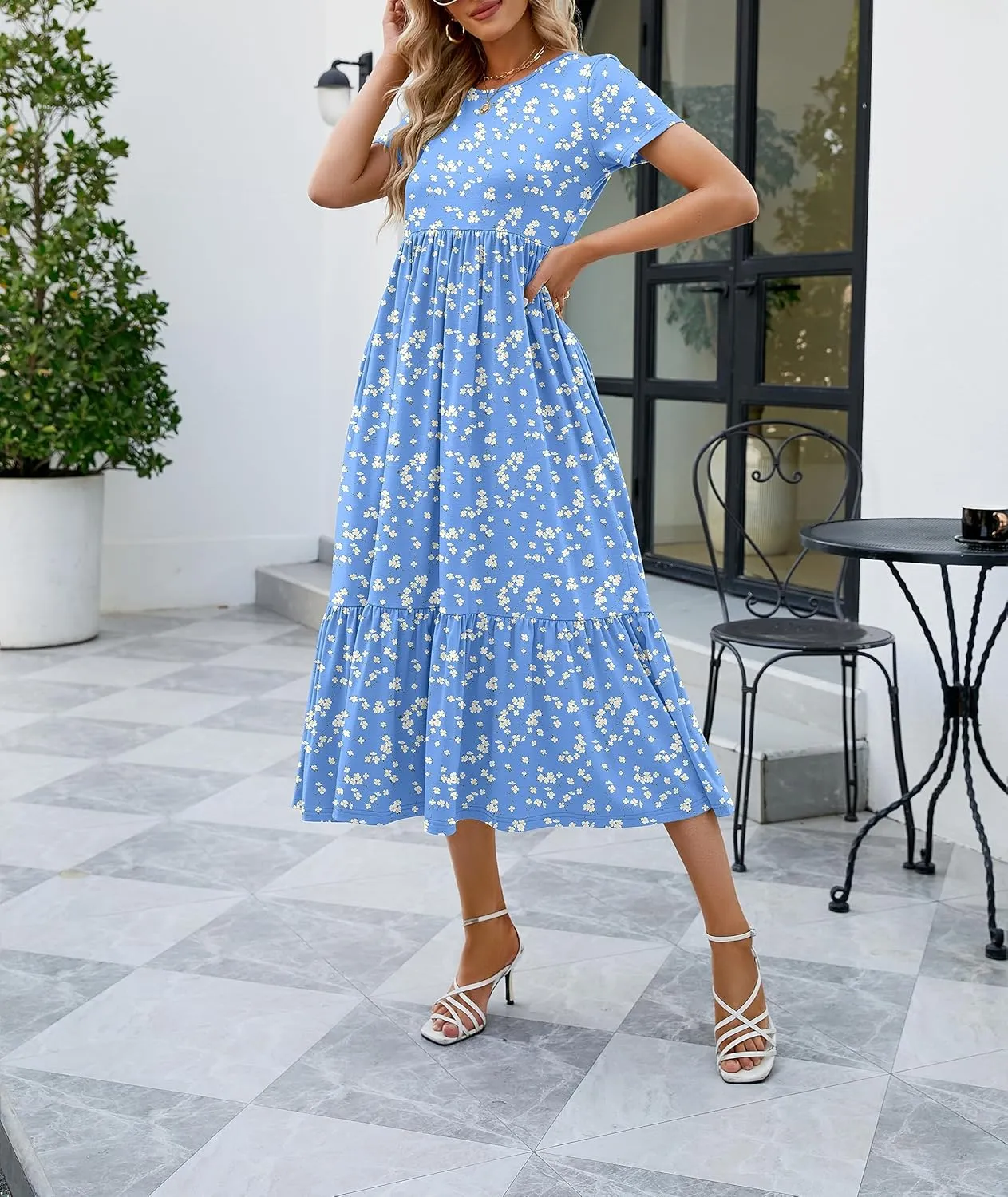 JASPAL Women's Casual Smocked Midi Dress Round Neck Elastic High Waist Flute Dresses Summer