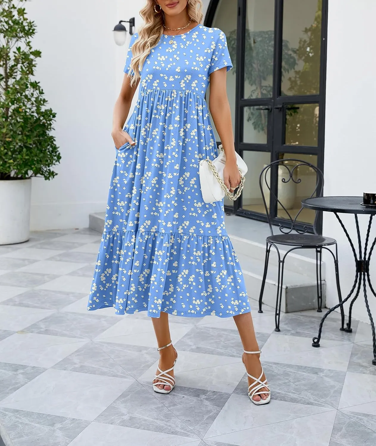 JASPAL Women's Casual Smocked Midi Dress Round Neck Elastic High Waist Flute Dresses Summer