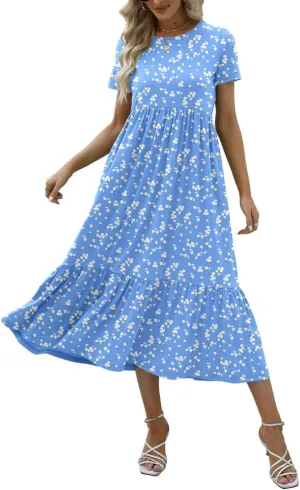 JASPAL Women's Casual Smocked Midi Dress Round Neck Elastic High Waist Flute Dresses Summer