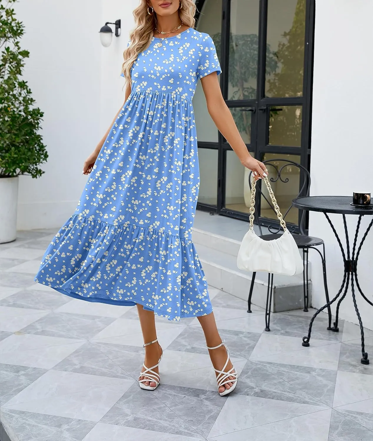 JASPAL Women's Casual Smocked Midi Dress Round Neck Elastic High Waist Flute Dresses Summer