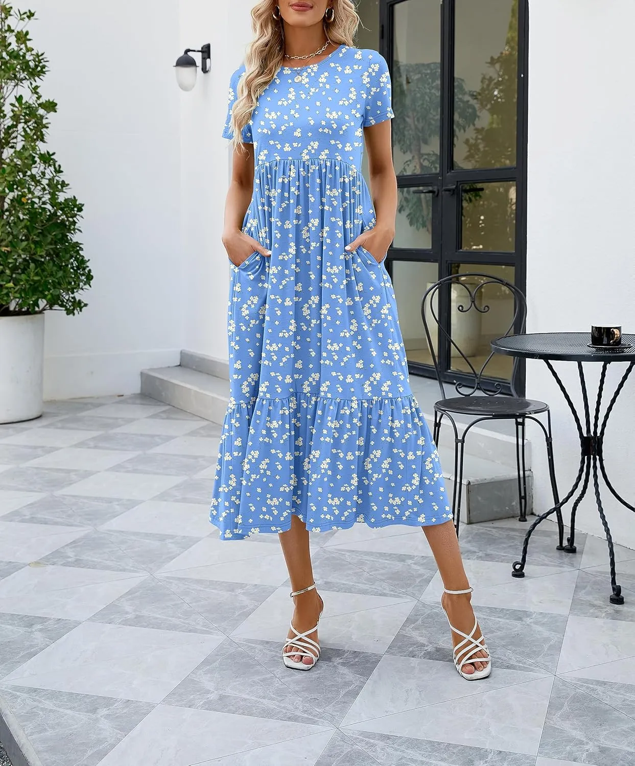 JASPAL Women's Casual Smocked Midi Dress Round Neck Elastic High Waist Flute Dresses Summer