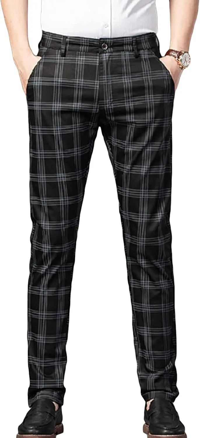 JEShifangjiusu Men's Dress Striped Plaid Pants Slim Fit Flat Front Business Trousers Cotton Stretch Suit Pants Trousers