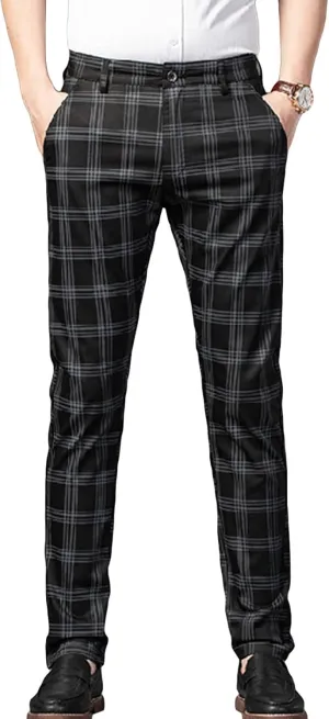 JEShifangjiusu Men's Dress Striped Plaid Pants Slim Fit Flat Front Business Trousers Cotton Stretch Suit Pants Trousers