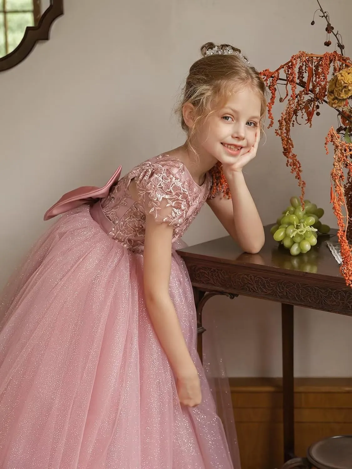 JISISANG Flower Girls Lace Cap Sleeve Dress for Wedding Puffy Tulle Back V-Neck Pageant Prom Ball Gown with Bow
