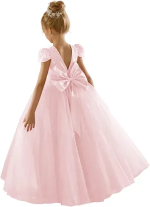 JISISANG Flower Girls Lace Cap Sleeve Dress for Wedding Puffy Tulle Back V-Neck Pageant Prom Ball Gown with Bow
