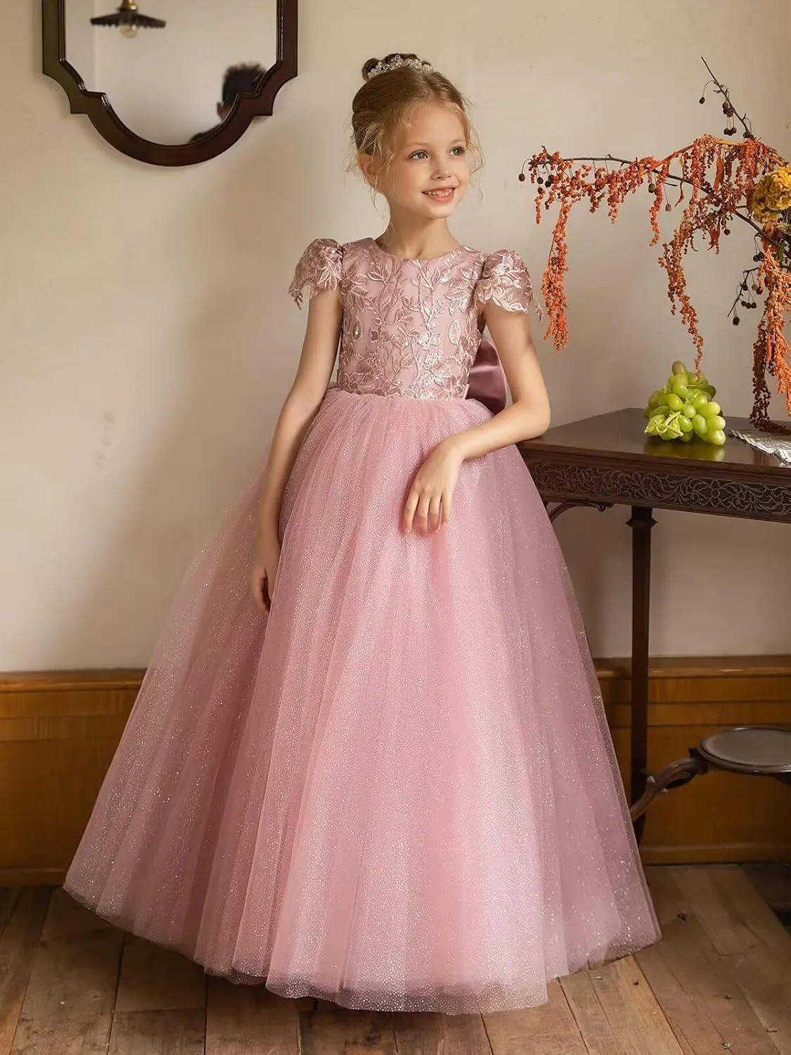 JISISANG Flower Girls Lace Cap Sleeve Dress for Wedding Puffy Tulle Back V-Neck Pageant Prom Ball Gown with Bow