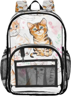 Kids Backpack for Girls Cute Watercolor Cats White Travel Clear Bags for Women Pvc School Plastic Bookbag