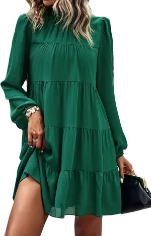 KIRUNDO Women Spring Long Sleeve Ruffle Mock Neck Tiered Mini Babydoll Dress 2025 Casual Summer Flowy Swing Tunic Shift Dress
