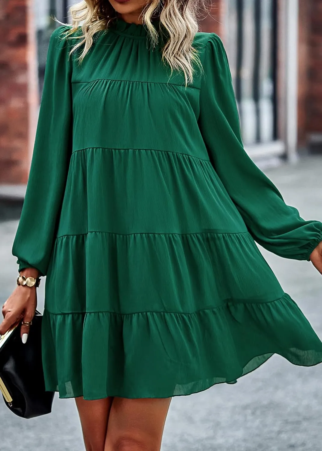 KIRUNDO Women Spring Long Sleeve Ruffle Mock Neck Tiered Mini Babydoll Dress 2025 Casual Summer Flowy Swing Tunic Shift Dress