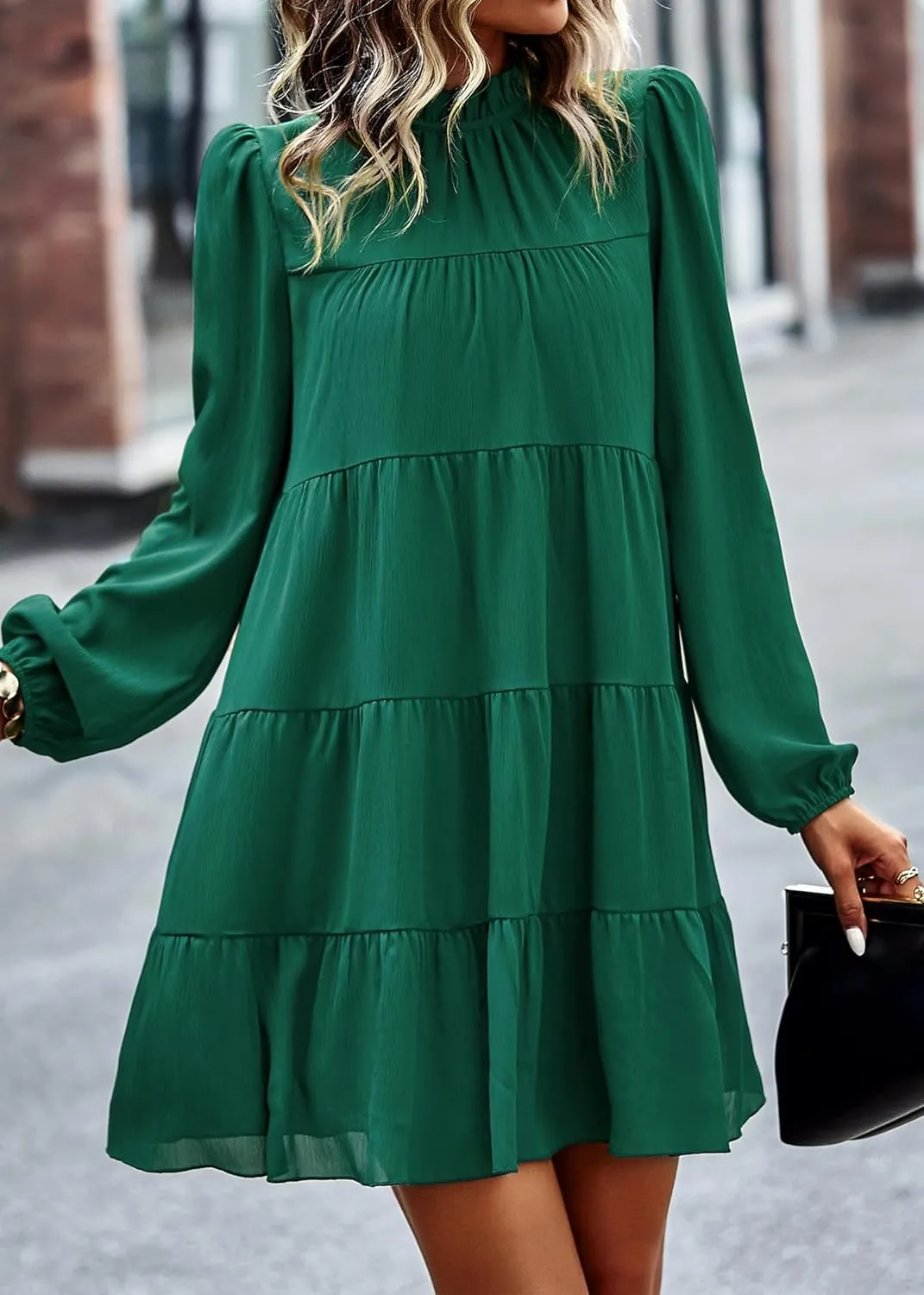 KIRUNDO Women Spring Long Sleeve Ruffle Mock Neck Tiered Mini Babydoll Dress 2025 Casual Summer Flowy Swing Tunic Shift Dress