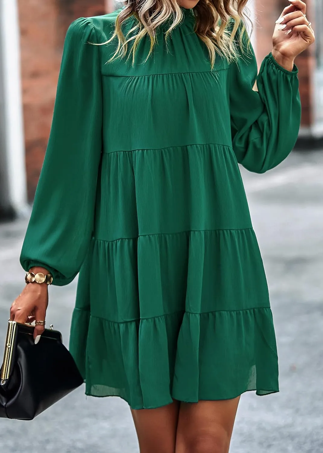 KIRUNDO Women Spring Long Sleeve Ruffle Mock Neck Tiered Mini Babydoll Dress 2025 Casual Summer Flowy Swing Tunic Shift Dress