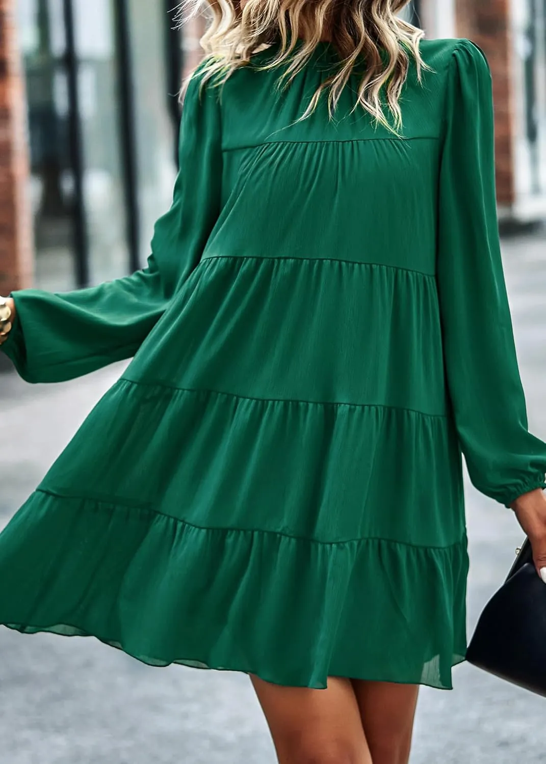 KIRUNDO Women Spring Long Sleeve Ruffle Mock Neck Tiered Mini Babydoll Dress 2025 Casual Summer Flowy Swing Tunic Shift Dress