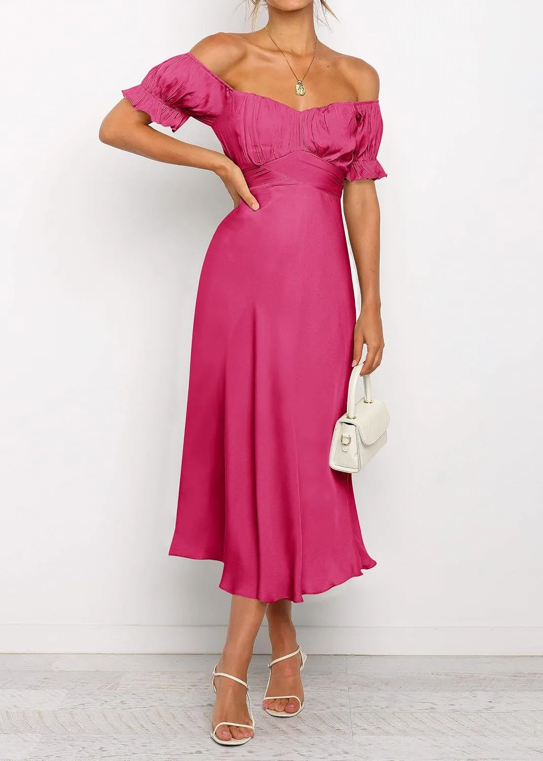 KIRUNDO Women's 2025 Summer Satin Midi Dress Off The Shoulder Wrap Ruched Wedding Guest Party Cocktail Formal Prom Dresses