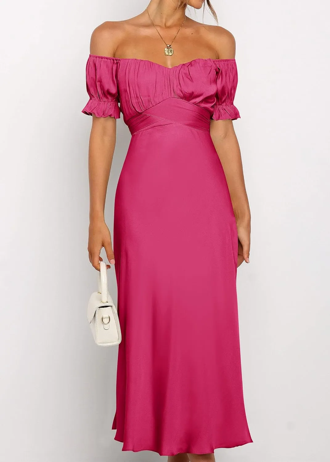 KIRUNDO Women's 2025 Summer Satin Midi Dress Off The Shoulder Wrap Ruched Wedding Guest Party Cocktail Formal Prom Dresses