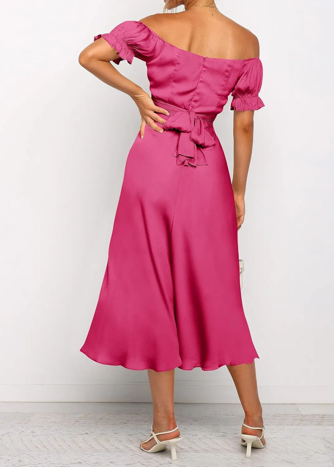 KIRUNDO Women's 2025 Summer Satin Midi Dress Off The Shoulder Wrap Ruched Wedding Guest Party Cocktail Formal Prom Dresses