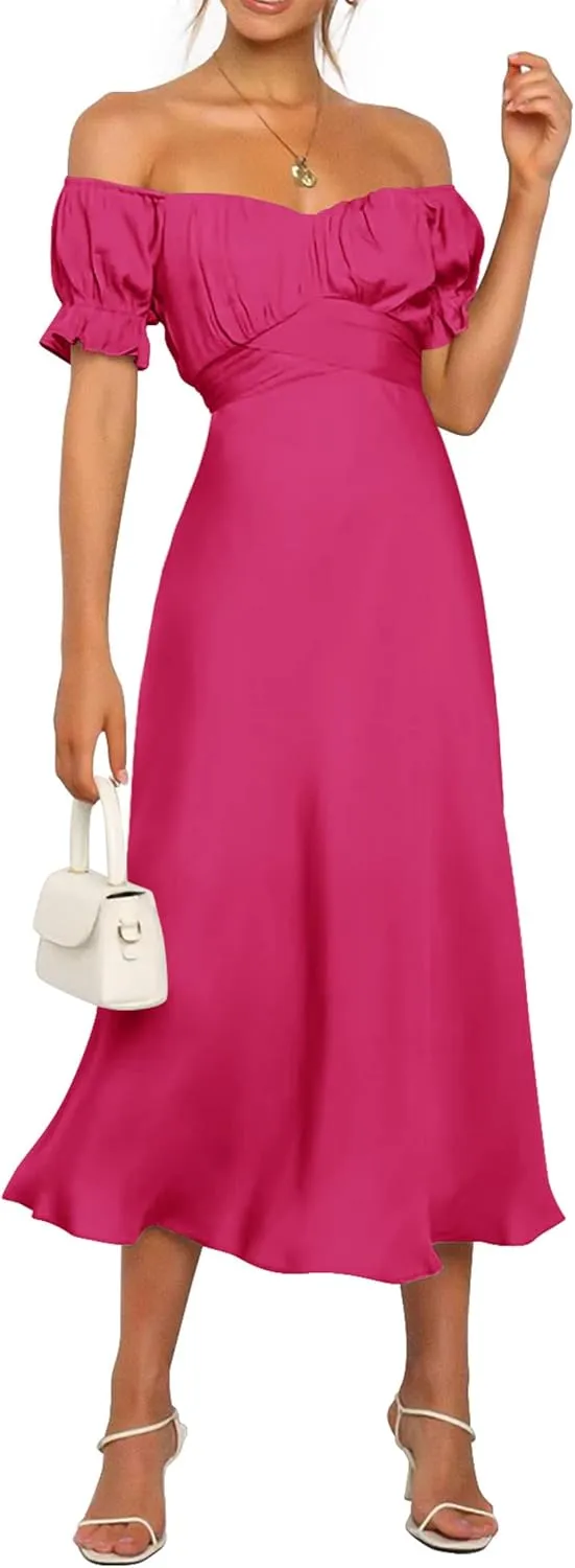 KIRUNDO Women's 2025 Summer Satin Midi Dress Off The Shoulder Wrap Ruched Wedding Guest Party Cocktail Formal Prom Dresses