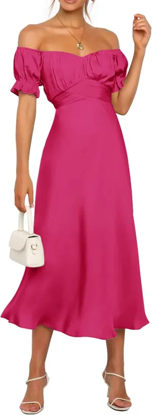 KIRUNDO Women's 2025 Summer Satin Midi Dress Off The Shoulder Wrap Ruched Wedding Guest Party Cocktail Formal Prom Dresses